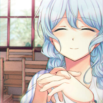 1girl ^_^ alternate_hairstyle bang_dream! bang_dream!_girls_band_party! blue_hair braid chair closed_eyes facing_viewer film_grain indoors interlocked_fingers long_hair matsubara_kanon noise opi portrait smile solo table twin_braids window