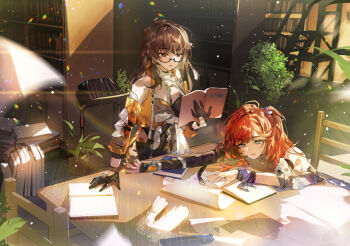 2girls arm_ribbon arm_support bare_shoulders black-framed_eyewear black_gloves black_shorts blue_eyes book book_stack bookshelf braid brown_eyes brown_hair chair chinese_commentary commentary_request crop_top cropped_jacket detached_sleeves earrings elbow_gloves entropy_(honkai_impact_3rd) eyelashes female_dreamseeker_(honkai_impact) fingerless_gloves flower_pot glasses gloves hair_intakes hand_up holding holding_book honkai_(series) honkai_impact_3rd indoors jacket jewelry ladder leylah_(honkai_impact) library light_particles long_hair looking_at_another multiple_girls on_chair one_side_up open_book open_clothes open_jacket open_mouth orange_jacket orange_sleeves paper paper_stack parted_bangs parted_lips plant potted_plant railing red_hair ribbon scroll semi-rimless_eyewear senadina senadina_(deepspace_anchor:_first_light) shorts side_braid sidelocks single_braid single_earring single_glove sitting sleeveless sleeveless_jacket standing swept_bangs table under-rim_eyewear wrist_ribbon zishengtian123