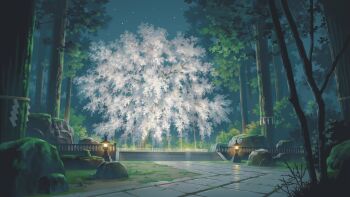 boulder cherry_blossoms highres lantern moss night no_humans original path road rope scenery shimenawa sky stairs star_(sky) tounami tree