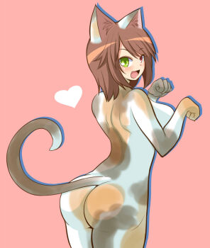 1girl :d alternate_breast_size_(larger) animal_ears ass back blush bodypaint breasts brown_hair cat_ears cat_tail commentary_request completely_nude cowboy_shot from_behind green_eyes heart heterochromia highres itini-sanshi kemonomimi_mode large_breasts looking_at_viewer looking_back nude open_mouth paw_pose pink_background red_eyes rozen_maiden short_hair simple_background smile solo souseiseki tail