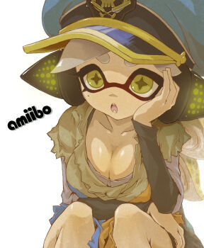 1girl :o agent_3_(splatoon) agent_3_(splatoon)_(cosplay) amiibo arm_under_breasts black_shirt blue_hat breasts captain_3_(splatoon) cleavage collarbone commentary_request cosplay fang grey_hair grey_shirt hand_on_own_cheek hand_on_own_face hat head_rest headphones hideyoshi_(swliyhbpe9xqqze) highres inkling large_breasts layered_sleeves long_sleeves marie_(splatoon) medium_hair mole mole_under_eye nintendo open_mouth patchwork_clothes peaked_cap shirt short_over_long_sleeves short_sleeves simple_background solo splatoon_(series) splatoon_3 star-shaped_pupils star_(symbol) suction_cups swept_bangs symbol-shaped_pupils tentacle_hair thick_eyebrows white_background yellow_eyes