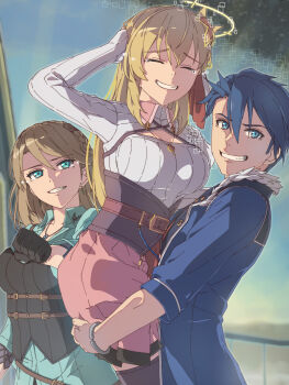 Rule 34 | 1boy, 2girls, agnes claudel, blonde hair, blue coat, blue eyes, blue hair, braid, braided bun, carrying, carrying person, chiharu (9654784), closed eyes, coat, commentary request, crown braid, eiyuu densetsu, elaine auclair, green eyes, hair between eyes, hair bun, highres, kai no kiseki, kuro no kiseki (series), looking at viewer, multicolored hair, multiple girls, simple background, single braid, smile, swept bangs, two-tone hair, van arkride