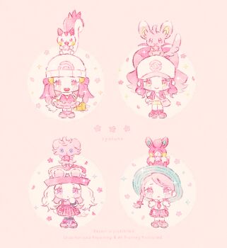 Rule 34 | 4girls, alternate color, artist name, bag, baseball cap, beanie, blush, blush stickers, bracelet, braid, chibi, chibi only, closed mouth, collared shirt, commentary request, dawn (pokemon), dot mouth, espurr, eyewear on headwear, flower, gen 4 pokemon, gen 5 pokemon, gen 6 pokemon, hat, hilda (pokemon), holding, holding bag, holding flower, holding strap, jewelry, juliana (pokemon), long hair, minccino, multiple girls, necktie, nintendo, on head, open clothes, open mouth, open vest, pachirisu, pawmi, pink background, pink eyes, pink hair, pink theme, poke ball print, pokemon, pokemon (creature), pokemon bw, pokemon dppt, pokemon on head, pokemon sv, pokemon xy, ponytail, ryokuno green, scarf, school uniform, serena (pokemon), shiny pokemon, shirt, shoes, shorts, side braid, sidelocks, simple background, single braid, sitting, skirt, smile, socks, sparkle, standing, sunglasses, translation request, vest