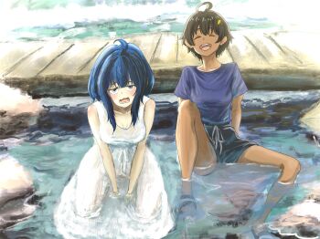 2girls absurdres ahoge black_hair black_shorts blue_hair blue_shirt bridge collarbone commentary_request dress food-themed_hair_ornament full_body hair_ornament highres lemon_hair_ornament make_heroine_ga_oo_sugiru! medium_hair mitsu_(pixiv_71171234) multiple_girls open_mouth outdoors sandals shirt short_hair shorts sitting sleeveless sleeveless_dress smile stream t-shirt wading white_dress wooden_bridge yakishio_lemon yanami_anna