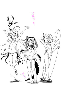 3girls arms_up bikini blindfold blue_archive commentary_request ein_(blue_archive) flat_chest full_body goggles hair_over_one_eye highres innertube jumping long_hair looking_at_viewer monochrome multiple_girls ohr_(blue_archive) okuva one-piece_swimsuit school_swimsuit short_hair smile sof_(blue_archive) surfboard swim_ring swimsuit