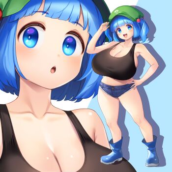 1girl :d :o absurdres black_tank_top blue_boots blue_eyes blue_hair blunt_bangs blush boots breasts cleavage collarbone commentary_request curvy denim denim_shorts flat_cap full_body green_hat hand_on_headwear hand_on_own_hip hat highres huge_breasts kawashiro_nitori legs looking_at_viewer medium_hair navel open_mouth parted_lips plump rubber_boots short_shorts shorts smile solo standing tank_top tarmo thighs touhou two_side_up upper_body