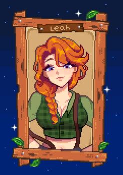 1girl arms_behind_back breasts character_name cleavage collarbone commentary crop_top cropped_shirt english_commentary highres large_breasts leaf leah_(stardew_valley) midriff mimpish navel orange_hair pixel_art plaid_clothes plaid_shirt purple_eyes shirt smile solo star_(sky) stardew_valley suspenders suspenders_slip upper_body