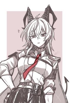 1girl absurdres ahoge armband black_armband black_horns black_pants black_tail breasts chest_harness collared_shirt commentary_request cowboy_shot curled_horns demon_tail hair_between_eyes harness highres horns long_hair looking_at_viewer medium_breasts necktie pants parted_lips red_necktie shirt solo starblame tail white_shirt wuthering_waves zani_(wuthering_waves)