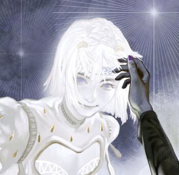 2boys blue_eyes blunt_bangs bob_cut bruno_bucciarati closed_mouth clothing_cutout commentary facing_viewer highres jojo_no_kimyou_na_bouken leone_abbacchio looking_at_viewer male_focus moody_blues_(stand) multiple_boys nail_polish patterned patterned_clothing pov smile stand_(jojo) timer torihino1 upper_body vento_aureo white_hair zipper