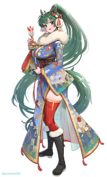 1girl absurdres animal_ears arrow_(projectile) black_boots blue_kimono blush boots breasts commentary_request ear_flower ema fire_emblem fire_emblem:_the_blazing_blade fire_emblem_shadows flower full_body fur-trimmed_boots fur_trim gonzarez green_eyes green_hair hair_flower hair_ornament hamaya high_ponytail highres holding holding_arrow holding_ema horse_ears horse_girl horse_tail japanese_clothes kemonomimi_mode kimono large_breasts long_hair looking_at_viewer lyn_(fire_emblem) lyn_(plains_wind)_(fire_emblem) nintendo open_mouth ponytail print_kimono red_thighhighs simple_background skindentation smile solo tail thick_thighs thighhighs thighs very_long_hair white_background