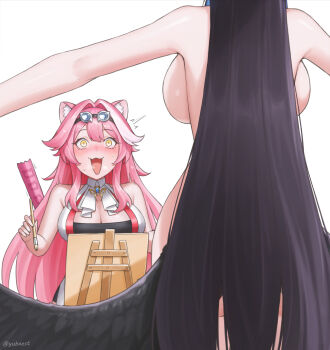 2girls animal_ears ascot ass backboob bare_shoulders black_hair black_wings blue_gemstone blue_hair blush breasts cleavage commentary completely_nude easel english_commentary eyeshadow fang feathered_wings gem goggles goggles_on_head hair_intakes highres holding holding_brush hololive hololive_english huge_breasts large_breasts long_hair low_wings makeup modeling multicolored_hair multiple_girls nerissa_ravencroft nervous_smile nude nude_modeling open_mouth outstretched_arms paintbrush panther_ears panther_girl panther_tail pink_hair raora_panthera raora_panthera_(1st_costume) red_eyeshadow simple_background skin_fang smile streaked_hair sweat tail thighs twitter_username two-tone_hair virtual_youtuber white_ascot white_background white_hair wings yellow_eyes yubaest