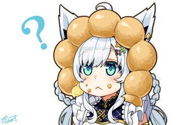 1girl :&lt; ? animal_ears aqua_eyes braid braided_hair_rings buru-dai commentary_request donut food food_on_face fox_ears fox_girl hair_ornament hair_rings hairclip hololive oversized_food oversized_object portrait shirakami_fubuki signature solo virtual_youtuber white_hair