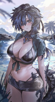 1girl atiarta7 au_ra bikini bikini_bottom_under_shorts bikini_under_clothes black_scales blush breasts cleavage commentary commission cowboy_shot curvy english_commentary final_fantasy final_fantasy_xiv heterochromia highres horns large_breasts looking_at_viewer messy_hair micro_shorts navel open_clothes open_shorts outdoors palm_tree parted_lips short_hair shorts shrug_(clothing) solo swimsuit tail tree twitter_username warrior_of_light_(ff14)
