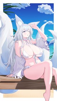 1girl absurdres animal_ear_fluff animal_ears azur_lane bikini blue_sky breasts cleavage commentary day english_commentary fox_ears fox_girl fox_tail highres huge_breasts kitsune kyuubi large_tail long_hair multiple_tails official_alternate_costume one_eye_closed outdoors purple_eyes saiskh shinano_(azur_lane) shinano_(dreamy_white_sands)_(azur_lane) sitting sky solo summer swimsuit tail water white_bikini white_tail