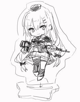 1girl chibi commentary_request dragunov_svd girls'_frontline greyscale gun highres long_hair monochrome rifle simple_background smile sniper_rifle solo standing svd_(girls'_frontline) tarano_(tsumugiko) twintails weapon