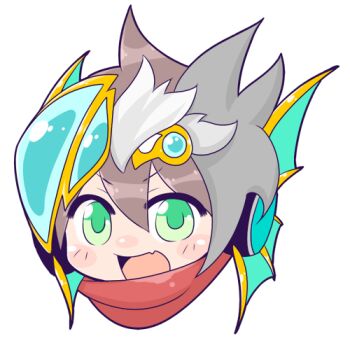 Rule 34 | 1boy, blush, brown hair, commentary request, fang, fins, green eyes, head fins, iyofika, looking at viewer, lowres, male focus, open mouth, portrait, ragnarok online, red scarf, rune knight (ragnarok online), scarf, short hair, simple background, skin fang, smile, solo, white background