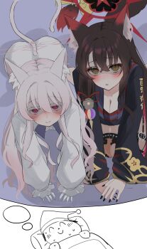 1boy 2girls absurdres akira_(blue_archive) all_fours animal_ear_fluff animal_ears ass black_hair black_kimono black_nails black_thighhighs blue_archive blush breasts cat_ears cat_girl cat_tail cleavage closed_mouth colored_inner_hair crossed_bangs doodle_sensei_(blue_archive) fox_ears fox_girl fox_tail gloves hair_between_eyes halo heart heart-shaped_pupils highres japanese_clothes kimono large_breasts long_hair multicolored_hair multiple_girls open_mouth pants pink_hair pink_halo rakio_deeeesu red_eyes red_hair red_halo seiza sensei_(blue_archive) shaded_face shirt sidelocks sitting smile symbol-shaped_pupils tail thigh_strap thighhighs two-tone_hair wakamo_(blue_archive) white_gloves white_pants white_shirt yellow_eyes