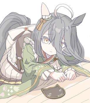 1girl ahoge animal_ears apron black_hair bow closed_mouth commentary_request ear_covers ear_ribbon green_kimono green_ribbon h00y0iz2ml8pbq5 hair_between_eyes horse_ears horse_girl horse_tail japanese_clothes kimono long_hair_between_eyes long_sleeves maid manhattan_cafe_(umamusume) manhattan_cafe_(verdant_night)_(umamusume) multicolored_hair on_floor paw_pose plate ribbon single_ear_cover solo tail umamusume wa_maid waist_apron white_apron white_hair wide_sleeves wooden_floor yellow_eyes