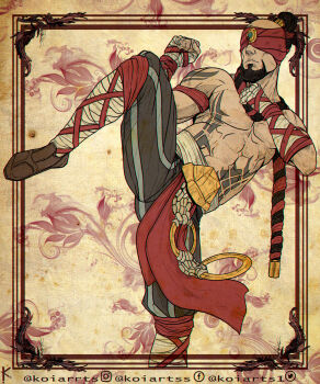 1boy abs bandaged_arm bandaged_hand bandaged_leg bandages beard black_pants blindfold brown_footwear chest_tattoo colored_blindfold facial_hair flower foot_out_of_frame highres koiarts league_of_legends lee_sin leg_up male_focus multicolored_background muscular muscular_male pants shoulder_tattoo solo tattoo topless_male