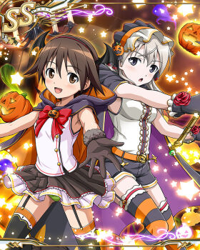 2girls alternate_costume artist_request black_bow black_gloves black_shorts black_skirt blue_eyes blush bow breasts brown_eyes brown_hair cape eila_ilmatar_juutilainen feet_out_of_frame gloves grey_hair hair_ornament halloween halloween_costume jack-o&#039;-lantern long_hair long_sleeves looking_at_viewer medium_breasts miyafuji_yoshika multiple_girls official_alternate_costume official_art open_mouth panties pumpkin shirt short_hair shorts skirt small_breasts standing strike_witches striped_clothes striped_thighhighs thighhighs underwear white_panties white_shirt world_witches_series