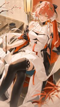 1girl bare_shoulders black_bow black_collar black_jacket black_thighhighs body_markings bow braid breasts changli_(wuthering_waves) cleavage closed_mouth collar colored_extremities commentary crossed_legs detached_hair detached_sleeves dress gang_g hair_between_eyes hair_bow hair_extensions hair_ornament hashtag-only_commentary highres holding_calligraphy jacket large_breasts long_hair looking_to_the_side pink_hair red_hands ring_hair_extensions solo tacet_mark_(wuthering_waves) thighhighs twin_braids white_dress white_hair wuthering_waves yellow_eyes