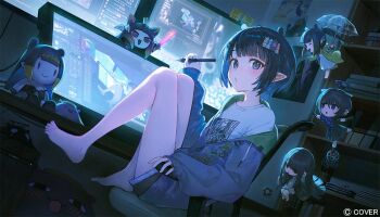 1girl barefoot black_hair black_shorts blunt_bangs bob_cut bookshelf chair chibi commentary drawing_tablet english_commentary feet hair_ornament hairclip hand_up holding holding_pen hololive hololive_english hood hooded_jacket indoors jacket knees_up looking_at_viewer meconopsis_(ninomae_ina'nis) mole mole_under_eye monitor ninomae_ina'nis ninomae_ina'nis_(artist) ninomae_ina'nis_(loungewear) o3o official_alternate_costume official_art on_chair partially_unzipped pen pointy_ears print_shirt purple_jacket self-portrait shirt short_hair short_shorts shorts sitting smol_ina solo tako_takover_(ninomae_ina'nis) takodachi_(ninomae_ina'nis) temari_(ninomae_ina'nis) toes violet_(ninomae_ina'nis) virtual_youtuber white_shirt