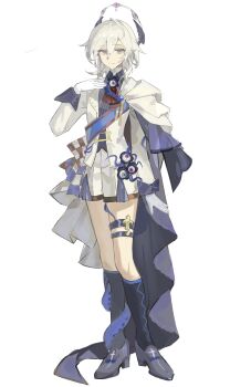 1girl absurdres black_shoes black_socks brown_eyes closed_mouth double-parted_bangs full_body gloves hair_between_eyes hand_up heiyi_mataozi highres jacket kneehighs long_hair looking_at_viewer multiple_thigh_straps open_clothes open_jacket original shoes shorts simple_background smile socks solo standing white_background white_gloves white_hair white_jacket white_shorts