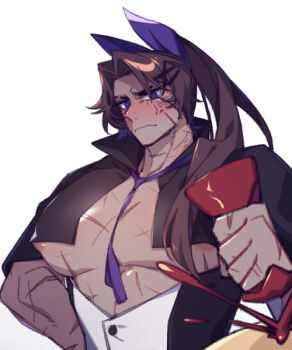 1boy anger_vein bara black_capelet blush bow brown_hair capelet closed_mouth hair_bow heathcliff_(project_moon) high_ponytail ketchup_bottle large_pectorals limbus_company long_hair mercuryhx necktie parted_bangs pectorals ponytail project_moon purple_bow purple_eyes purple_necktie simple_background solo upper_body very_long_hair white_background