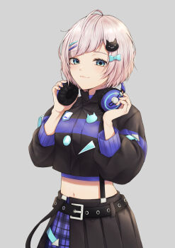 1girl absurdres ahoge belt belt_buckle black_belt black_jacket black_skirt blue_bow blue_eyes bow breasts buckle cat_hair_ornament character_request check_copyright closed_mouth commentary_request commission copyright_request cowboy_shot cropped_jacket grey_background hair_bow hair_ornament hairclip headphones headphones_around_neck highres holding holding_headphones indie_virtual_youtuber jacket layered_skirt long_sleeves looking_at_viewer medium_breasts midriff navel oshamu parallel_hairclips pink_hair plaid_clothes plaid_skirt pleated_skirt puffy_long_sleeves puffy_sleeves short_hair simple_background single_suspender skeb_commission skirt smile solo standing suspender_skirt suspenders virtual_youtuber