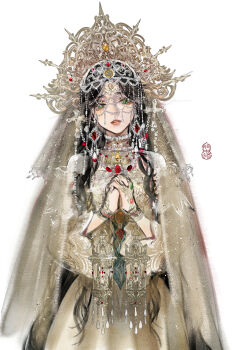 1girl absurdly_long_hair artist_name beads behind_prayers_(infinity_nikki) black_hair bracelet chinese_commentary choker commentary_request cowboy_shot cross_hair_ornament dress earrings expressionless eyelashes gem gold_bracelet gold_choker gold_necklace gown green_eyes hair_ornament highres infinity_nikki jewelry lipstick long_hair long_sidelocks looking_at_viewer makeup necklace nikki_(series) own_hands_clasped own_hands_together parted_lips praying realistic red_gemstone red_lips ring sasora sidelocks simple_background solo standing thick_eyebrows veil very_long_hair watermark wavy_hair white_background yellow_dress yellow_veil