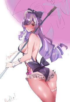 1girl abrokedrawer absurdres ahoge artist_name ass belt blush breasts drill_hair from_behind highres holding holding_umbrella long_hair looking_at_viewer medium_breasts multicolored_hair official_alternate_costume purple_eyes purple_hair sideboob simple_background solo streaked_hair thigh_belt thigh_strap two-tone_hair two-tone_one-piece_swimsuit umbrella very_long_hair vivian_banshee vivian_banshee_(iris_of_the_shore) white_background white_hair zenless_zone_zero