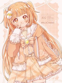1girl belt blush border bow bowtie closed_mouth cowboy_shot drawstring dutch_angle egg_hair_ornament food-themed_hair_ornament frilled_jacket frilled_sailor_collar frills gem grid_background hair_ornament hair_ribbon hand_to_own_mouth highres hood hooded_jacket inu_to_tanpopo jacket kirara_tamako kirara_tamako_(2nd_costume) long_hair long_sleeves looking_at_viewer nijisanji official_alternate_color open_clothes open_jacket orange_background orange_belt orange_bow orange_bowtie orange_eyes orange_hair orange_jacket orange_skirt outline petticoat plaid_clothes plaid_skirt pleated_skirt puffy_long_sleeves puffy_sleeves ribbon sailor_collar shirt skirt sleeves_past_wrists smile solo standing striped_bow striped_bowtie striped_clothes thighhighs twitter_username two-sided_fabric two-sided_jacket two_side_up upturned_eyes variant_set virtual_youtuber watermark white_border white_outline white_ribbon white_sailor_collar white_shirt white_thighhighs yellow_gemstone