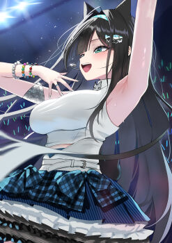 1girl absurdres aqua_headband arm_up armpits black_hair blue_eyes blue_skirt blush bracelet breasts fish_hair_ornament goddess_of_victory:_nikke hair_ornament hairband headband headset highres idol jewelry large_breasts long_hair mint_(nikke) open_mouth s_redbutterfly shirt skirt sleeveless smile solo teeth upper_teeth_only