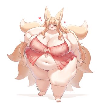 1girl animal_ear_fluff animal_ears babydoll belly big_belly blonde_hair blush breasts cellulite cleavage cleavage_cutout clothing_cutout commission dasan242 fat fat_woman fingernails fox_ears fox_girl fox_tail hand_on_own_hip heart highres huge_breasts inverted_nipples kitsune lingerie long_hair multiple_tails navel nipples obese original panties pink_babydoll pink_panties red_eyes red_lips red_nails see-through_babydoll see-through_clothes sharp_fingernails sidelocks smile solo standing tail thick_thighs thighs underwear white_background wide_hips