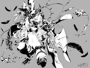 1girl arm_up armpits bra cape claws dated falling_feathers feathers flat_chest full_body grey_background greyscale high_heels highres himiko_(326ontheweb) holding holding_behind_back holding_polearm holding_weapon holding_weapon_behind_back hood hooded_cape kneeling liquid long_hair mask monochrome navel on_one_knee over-kneehighs polearm red_riding_hood_(sinoalice) short_shorts shorts sideways_glance signature simple_background sinoalice solo thigh_strap thighhighs underwear weapon