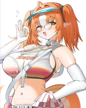 1girl absurdres ahoge arknights bare_shoulders blush breasts bright_pupils cheerleader detached_collar diamond-shaped_pupils diamond_(shape) elbow_gloves fang fellatio_gesture glasses gloves hand_on_own_hip highres huge_breasts looking_at_viewer masturbation medium_hair multicolored_hair multicolored_sports_bra navel official_alternate_costume open_mouth orange_eyes orange_hair pointy_ears pom_pom_(cheerleading) red_sports_bra simple_background skindentation small_sweatdrop solo spam_(spamham4506) sports_bra streaked_hair symbol-shaped_pupils twintails two-tone_hair upper_body white_background white_gloves white_hair white_pupils white_sports_bra white_streaks wulfenite_(arknights) wulfenite_(bouncing_rhythms)_(arknights) yellow_sports_bra