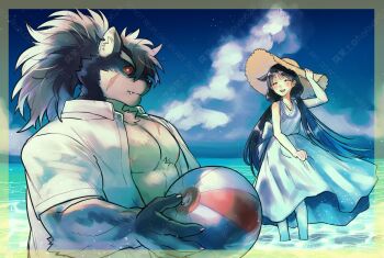 1boy 1girl animal_ears ball beach beachball black_hair blue_sky claws closed_eyes closed_mouth cloud cloudy_sky commentary dog_boy dog_ears dress facial_scar furry furry_male fusehime_(housamo) fuyodo hand_on_headwear hat highres holding holding_ball holding_beachball long_hair looking_at_another ocean open_mouth ponytail scar scar_on_cheek scar_on_chest scar_on_face shino_(housamo) shirt sky smile sun_hat tokyo_houkago_summoners unbuttoned unbuttoned_shirt watermark white_dress white_shirt