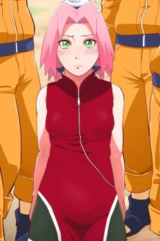 1boy 1girl blush breasts closed_mouth covered_erect_nipples green_eyes hairband haruno_sakura highres konohagakure_symbol medium_breasts naruto_(series) naruto_shippuuden pink_hair sahara_wataru short_hair source_request spiked_hair thighs uzumaki_naruto