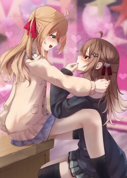 2girls absurdres ahoge black_cardigan black_skirt black_thighhighs blue_eyes blue_sailor_collar blue_skirt broken_heart broken_heart_hair_ornament brown_hair cardigan commentary commission desk english_commentary evil_neuro-sama feet_out_of_frame from_side hair_between_eyes hair_ornament hair_ribbon heart highres long_hair long_sleeves memeiradesuyo miniskirt multiple_girls neuro-sama open_mouth parted_lips pleated_skirt profile red_ribbon ribbon sailor_collar second-party_source siblings sisters sitting skirt skull_hair_ornament thighhighs twins vedal_ai yellow_cardigan yuri