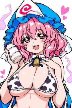 1girl animal_print bell bikini blue_hat blush bottle breasts chirisazame1 collar commentary_request cow_print cow_print_bikini detached_collar hat heart highres holding holding_bottle milk_bottle milk_day mob_cap neck_bell open_mouth pink_eyes pink_hair print_bikini saigyouji_yuyuko short_hair smile solo swimsuit teeth touhou triangular_headpiece upper_teeth_only white_collar