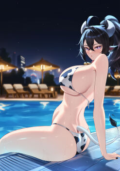 1girl ahoge animal_ears animal_print ass beach_chair bikini black_hair black_nails blueorca breasts commentary cow_ears cow_girl cow_horns cow_print cow_print_bikini english_commentary high_ponytail highres horns huge_breasts large_breasts looking_at_viewer mole mole_under_mouth night night_sky original outdoors parted_lips ponytail pool print_bikini purple_eyes sitting sky soaking_feet solo swimsuit wet