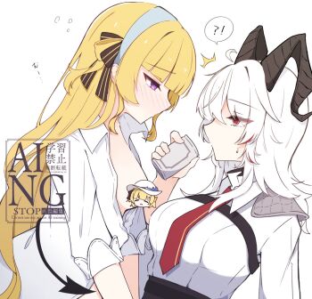 !? 2girls black_ribbon blonde_hair blue_hairband blush breasts censored censored_nipples character_censor collared_shirt commentary_request demon_tail drunk hair_ribbon hairband highres horns looking_at_another medium_breasts multiple_girls necktie novelty_censor open_clothes open_shirt phoebe_(wuthering_waves) purple_eyes red_eyes red_necktie ribbon shirt simple_background spoken_interrobang sweat tail watermark white_background white_hair white_shirt wuthering_waves yuri zani_(wuthering_waves) zero_3b