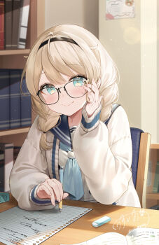 1girl aqua_eyes black_hairband blonde_hair book bookshelf chair closed_mouth desk eraser glasses hairband hand_up highres holding holding_pencil hololive indoors kazama_iroha long_sleeves looking_at_viewer on_chair pencil school_uniform signature sitting smile solo usushio virtual_youtuber