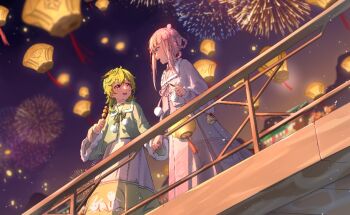 2girls aoqun architecture artist_self-insert beizi_(clothing) chinese_clothes collei_(genshin_impact) duijin_ruqun east_asian_architecture fireworks from_below genshin_impact green_hair hanfu holding_hands jacket lantern long_skirt looking_at_another mamianqun multiple_girls night orange_eyes pink_hair skirt sky xiaotianshianai yuri
