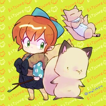 Rule 34 | 1boy, animal, animal feet, blue hakama, bow, brown hair, chibi, closed mouth, fox, fox boy, fox tail, full body, green eyes, hair bow, hair tie, hakama, holding, holding stick, inuyasha, japanese clothes, long sleeves, moitasu, pointy ears, shippou (inuyasha), stick, tail, twitter username, vest