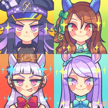 4girls animal_ears aqua_bow aqua_bowtie aqua_ribbon black_hair black_jacket blunt_bangs blush bow bowtie brown_hair closed_mouth dress ear_bow ear_covers ear_ribbon fenomeno_(black_flames_of_the_righteous_spirit)_(umamusume) fenomeno_(umamusume) gold_ship_(red_strife)_(umamusume) gold_ship_(umamusume) green_bow green_dress grey_hair hat highres horse_ears horse_girl horseshoe_hat_ornament horseshoe_ornament jacket king_halo_(king_of_emeralds)_(umamusume) king_halo_(umamusume) long_hair looking_at_viewer mejiro_mcqueen_(frontline_elegance)_(umamusume) mejiro_mcqueen_(umamusume) multicolored_hair multiple_girls peaked_cap pillbox_hat portrait purple_eyes purple_hair red_eyes ribbon smile striped_hat sunsunsweetie tongue tongue_out umamusume