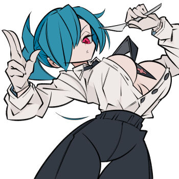 1girl alternate_costume breasts buttons cleavage cxdotchison dress_shirt gloves hands_up highres holding holding_scalpel large_breasts latex latex_gloves looking_at_viewer looking_down necktie open_clothes open_shirt pants ponytail red_eyes scalpel shirt skullgirls solo thigh_gap valentine_(skullgirls)