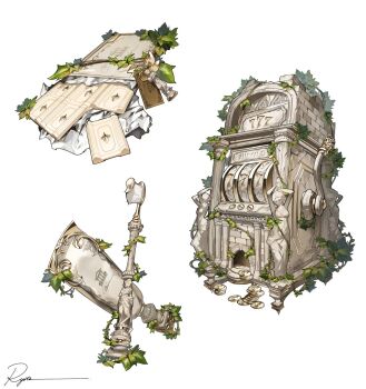 abandoned candy chocolate chocolate_bar coin column food gold_coin highres no_humans object_focus original overgrown pillar plant ruins ryota_(ry_o_ta) signature slot_machine statue toothbrush toothpaste vines white_background white_chocolate