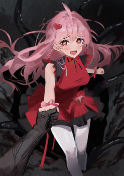 1girl 1other absurdres ahoge anger_vein black_ribbon black_souls black_souls_2 blush crying crying_with_eyes_open dress frilled_dress frills hair_ornament heart heart_hair_ornament highres long_hair neck_ribbon open_mouth pantyhose pink_hair pov pov_hands prickett_(black_souls) red_dress ribbon running sleeveless sleeveless_dress smile star-shaped_pupils star_(symbol) symbol-shaped_pupils tears tentacles very_long_hair white_pantyhose xgg