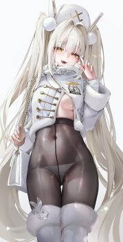 1girl :d absurdres bag black_pantyhose blanc_(fortune_express)_(nikke) blanc_(nikke) blunt_bangs blush boots breasts covered_navel cowboy_shot daefny fingernails fur-trimmed_boots fur-trimmed_jacket fur_trim gluteal_fold goddess_of_victory:_nikke handbag hat head_tilt high-waist_pantyhose highres jacket long_hair long_sleeves looking_at_viewer medium_breasts nail_polish no_bra official_alternate_costume official_alternate_hairstyle open_clothes open_jacket open_mouth panties panties_under_pantyhose pantyhose see-through_pantyhose smile solo sparkle standing star_(symbol) star_sticker sticker sticker_on_face thigh_gap twintails underwear v very_long_hair white_background white_boots white_hair white_hat white_jacket white_nails white_panties yellow_eyes